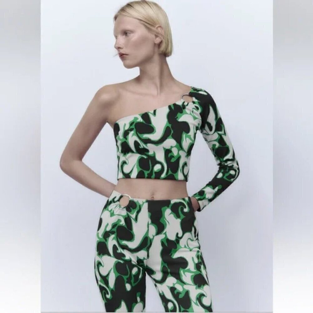 NWT Zara Jacquard Asymmetrical Green Retro One Shoulder Top
